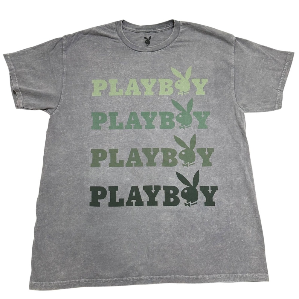 Playboy Womens Size L Graphic T-Shirt Gray Mineral Wash Green Stacked Logo NEW